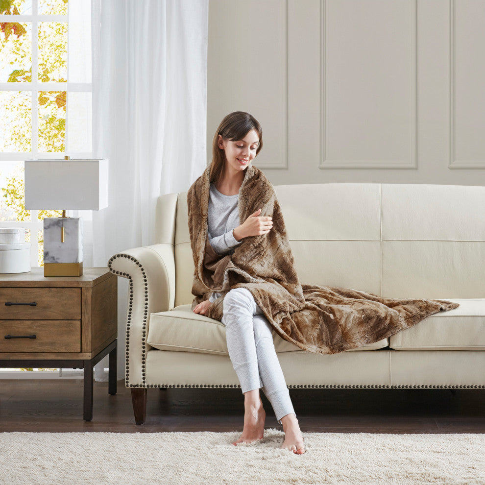 Madison Park Faux Tip Dyed Brushed Long Fur Throw, Tan
