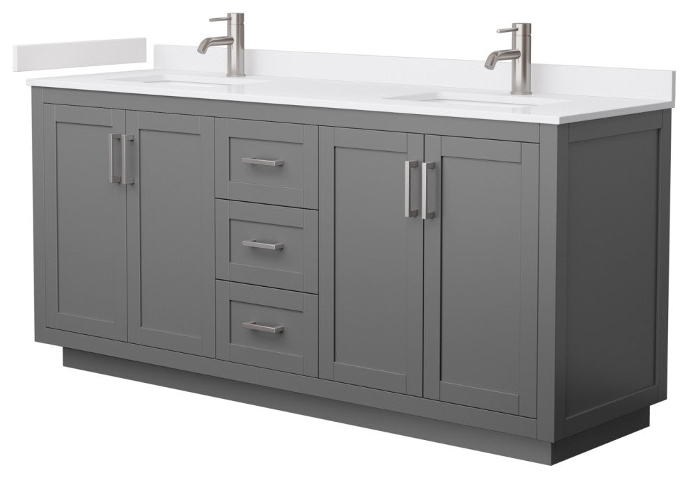72"DBL Vanity Dark Gray, White Cult. Marble Countertop, Sinks, Nickel Trim