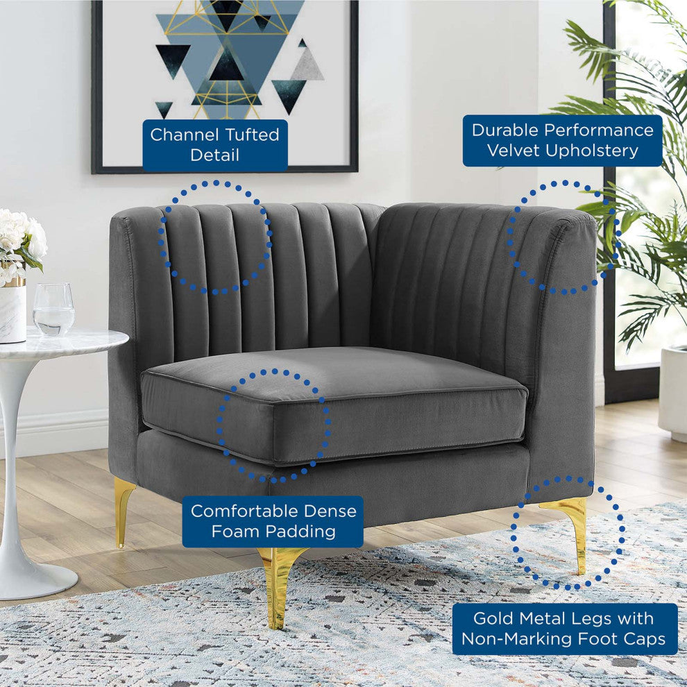 Triumph Channel Tufted Performance Velvet Sectional Sofa Corner Chair - Gray
