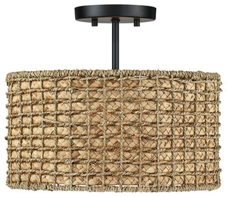 13.6" 2-Light Natural Rattan Semi-Flush Mount Ceiling Light With Black Canopy