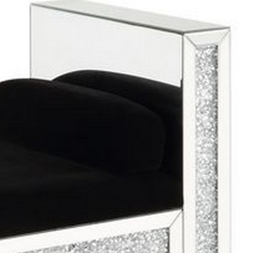 Benzara BM251176 Mirrored Bench With 2 Pillows and Button Tufted Seat, Silver