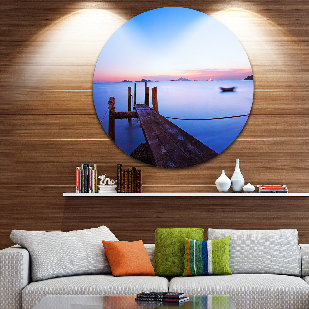 Wooden Pier At Sunset, Seascape Photo Large Disc Metal Wall Art, 23"