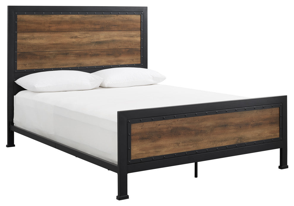 Industrial Queen Size Bed, Rustic Oak