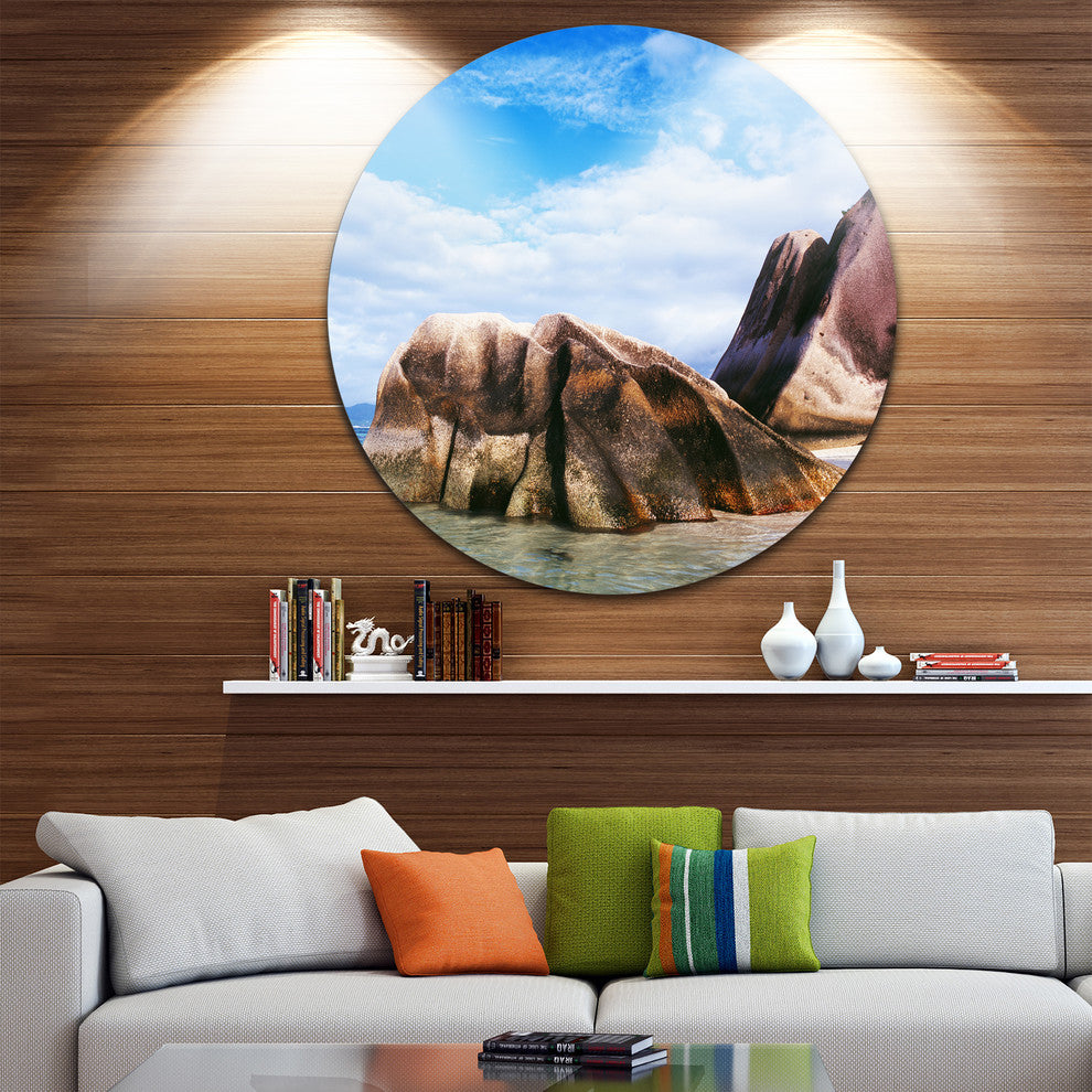Massive Rocks In Seychelles Beach, Modern Seascape Round Wall Art, 36"