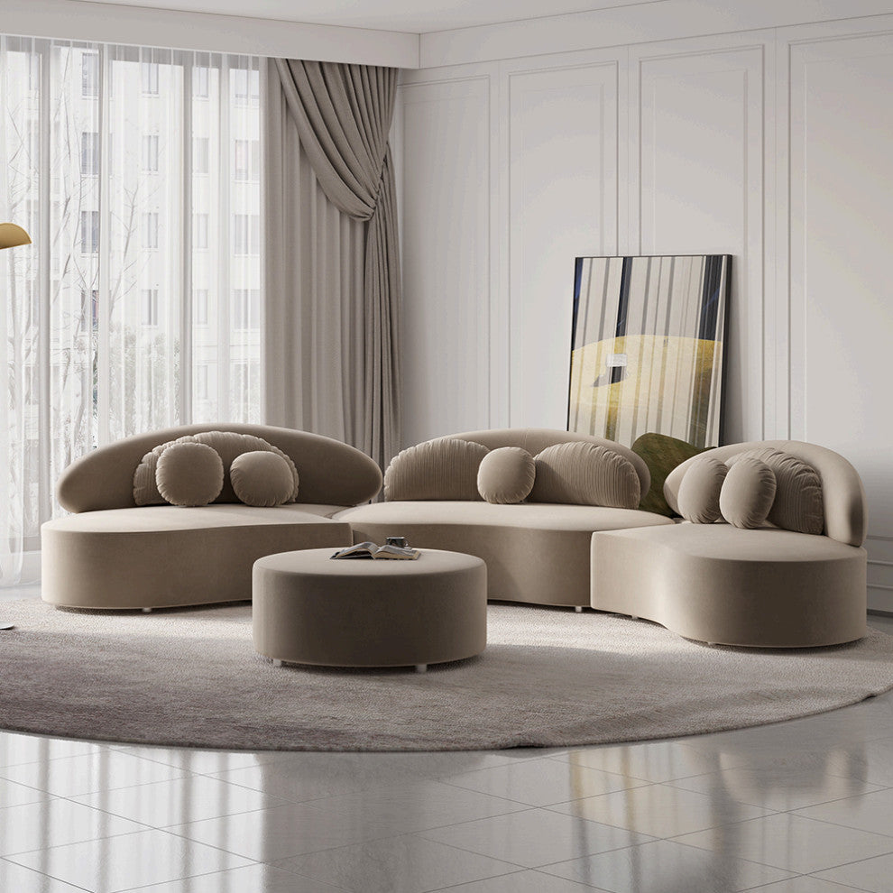 Khaki 4 Pieces Curved Sectional Modular Sofa Velvet Upholstered with Ottoman