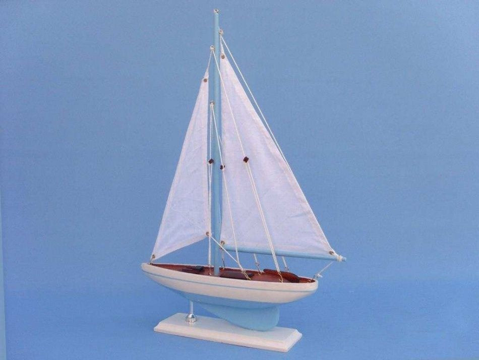 Pacific Sailer, Wood Sailing Boat Model, Blue Sails, 17", Light Blue and White