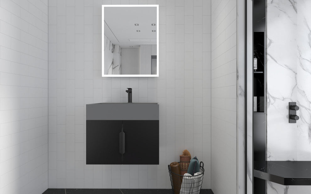CastelloUSA Amazon 24" Wall Mounted Bathroom Vanity Set, Black, Gray Top, Black Handles