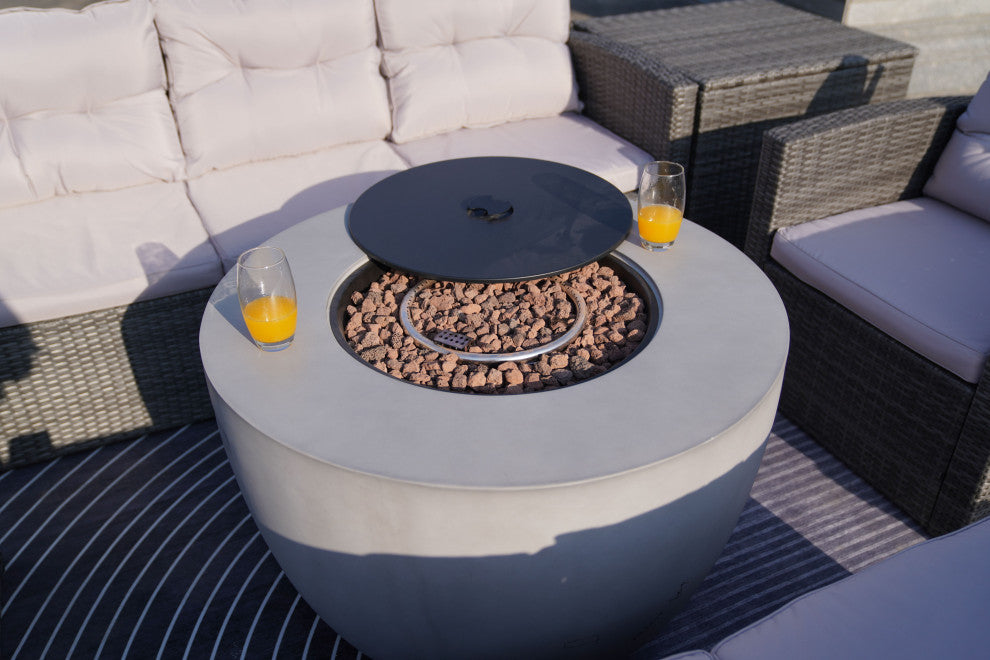 7-Piece Outdoor Rattan Conversation Sofa Set with Fire Pit Table, Brown, Greybowl