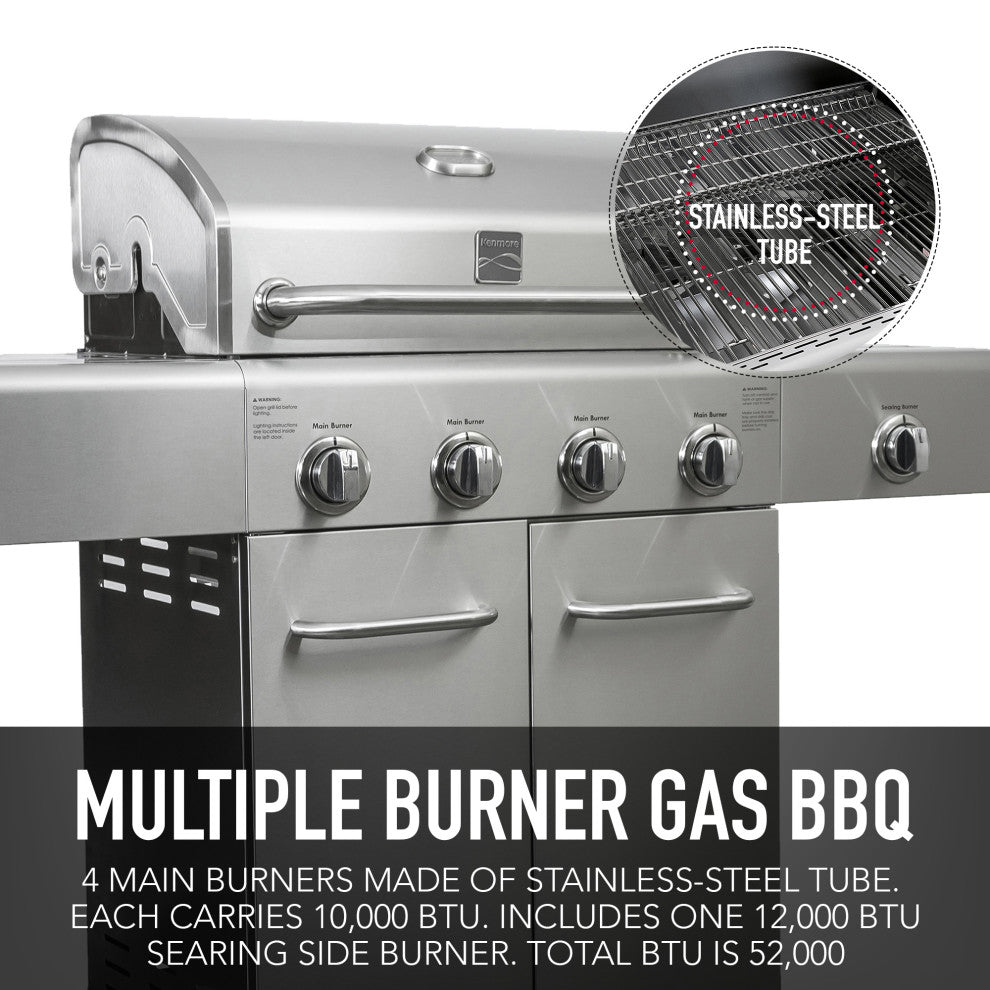Kenmore 4 Burner Gas Grill with Searing Side Burner in Stainless Steel