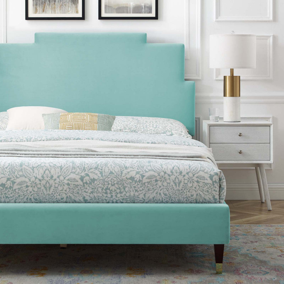 Platform Bed Frame, King Size, Velvet, Blue, Modern Contemporary, Bedroom Master