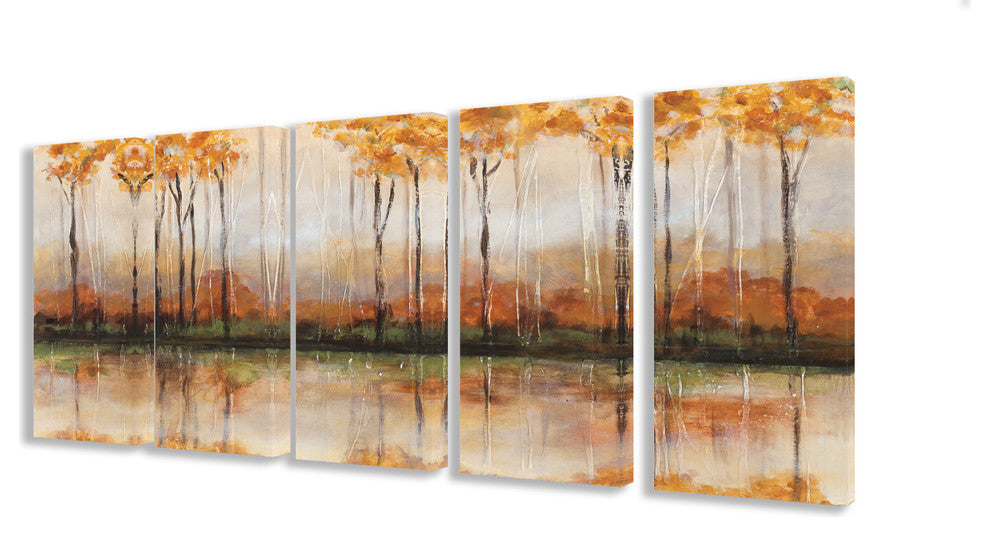 Autumn Treeline Reflections Landscape, 5-Piece Set, Canvas, 10"x21"