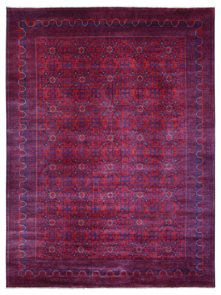 Red Hand Knotted Tribal Design Soft Wool Afghan Khamyab Oriental Rug, 9'8"x13'1"