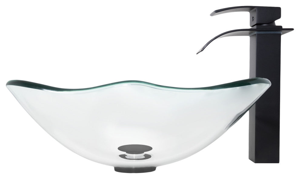 Clear Scalloped Tempered Glass Vessel Bathroom Sink Combo with Faucet and Drain, Matte Black
