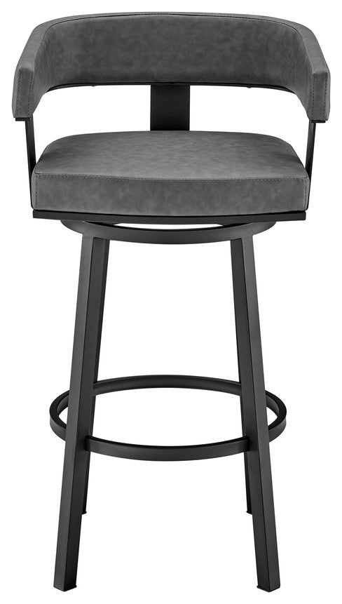 34" Gray Faux Leather And Iron Swivel Low Back Counter Height Bar Chair
