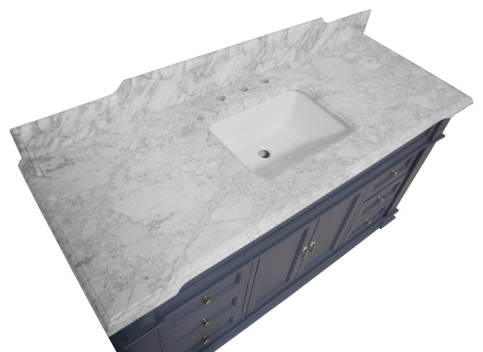 Elizabeth 60" Bathroom Vanity, Base: Marine Gray, Top: Carrara Marble, Single Vanity