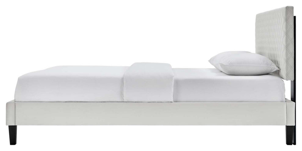 Platform Bed Frame, King Size, Gray, Velvet, Modern, Bedroom Guest Suite