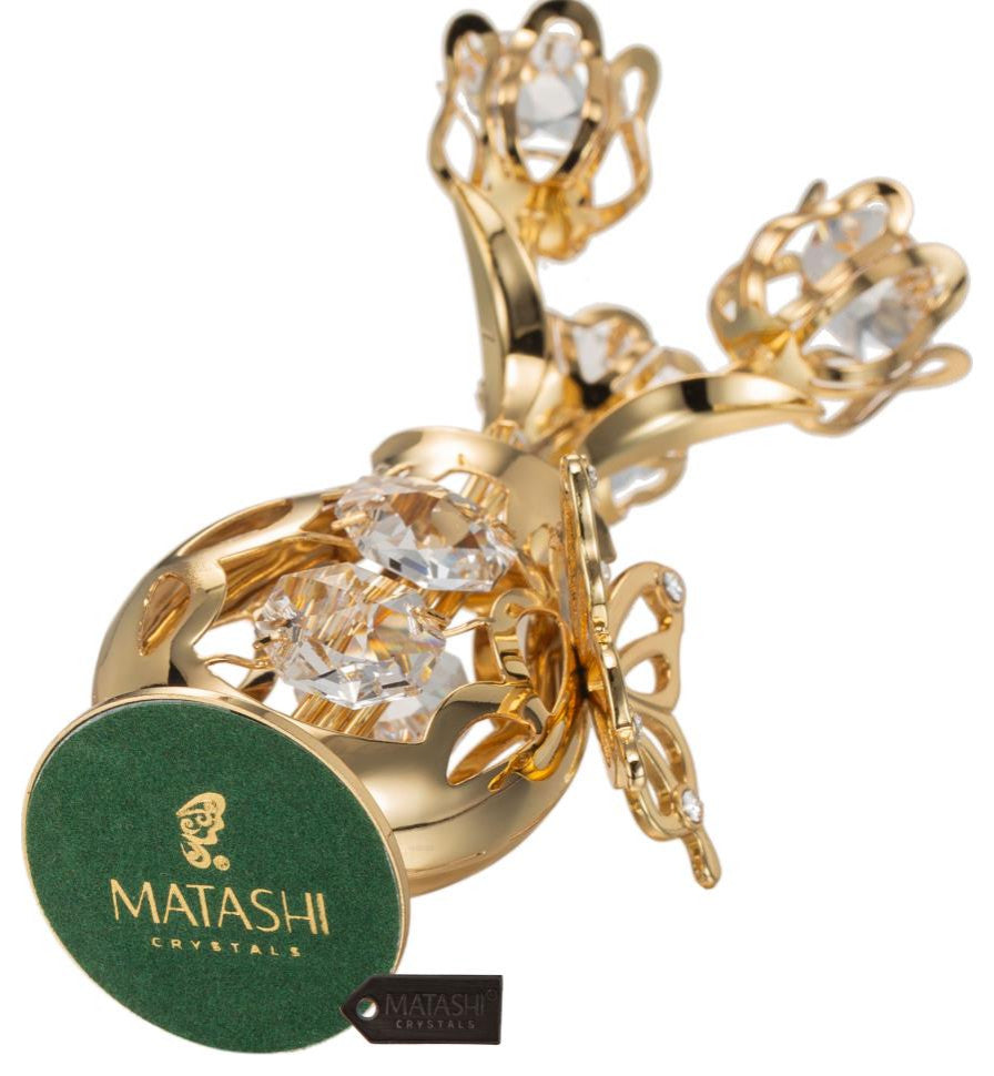 Matashi 24K Gold Plated Flower Ornament in Vase w Crystals Decorative Butterfly