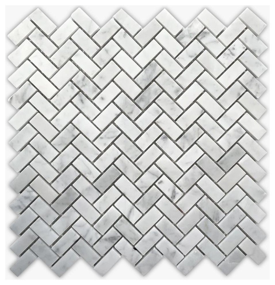White Carrara Polished 5/8x1 1/4 Herringbone Marble Mosaic