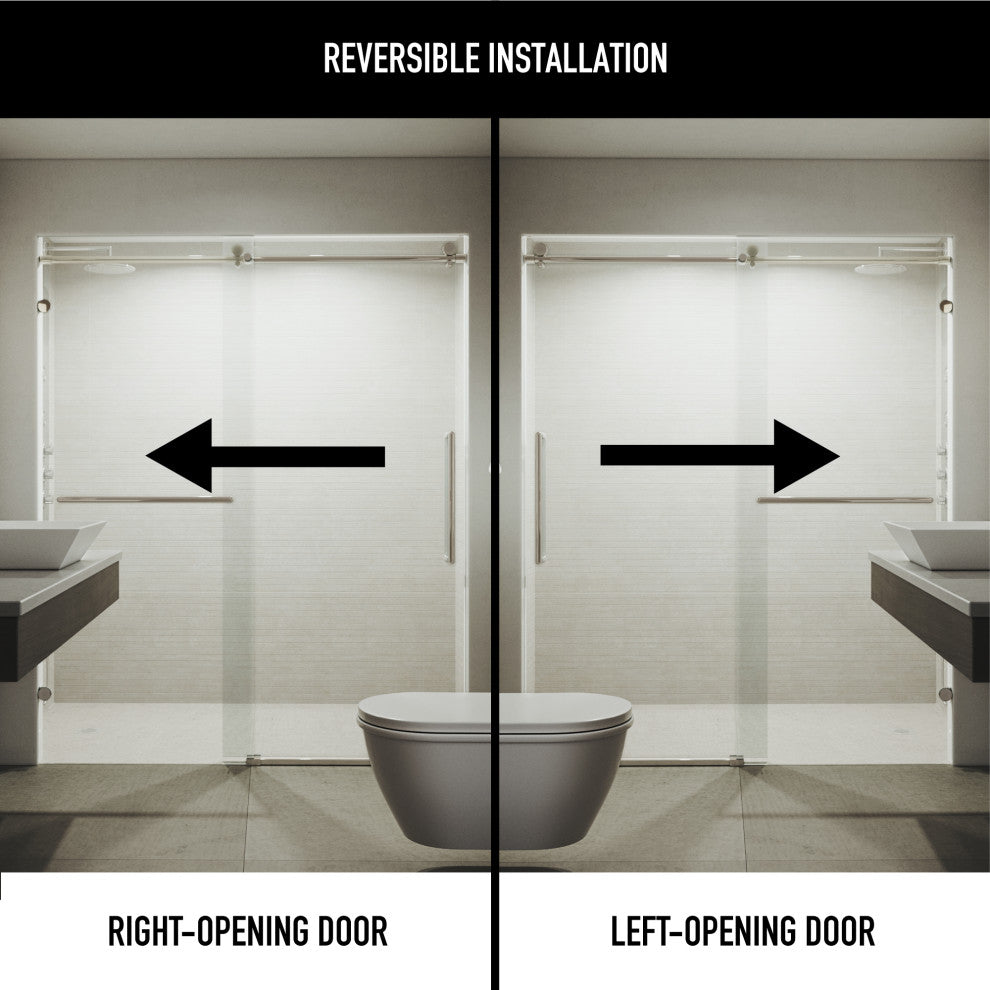 VIGO Ferrara Frameless Sliding Shower Door, Stainless Steel, 72" to 73" W X 74" H, Clear Glass