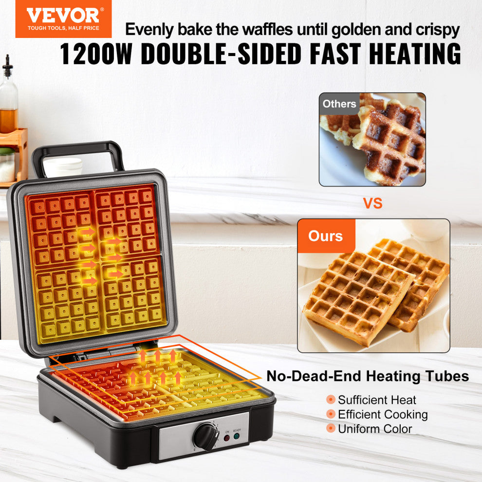 VEVOR 4 Slices Square Waffle Maker 1200W Electric Non-Stick Waffle Iron 120V