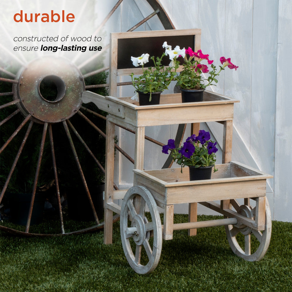 Alpine Wooden Cart Plant and Display Stand With Chalkboard, 34"Tall