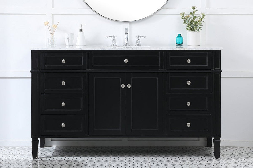 Home Living Vanity with Carrara White Marble Countertop, Black, 60", Single Sink