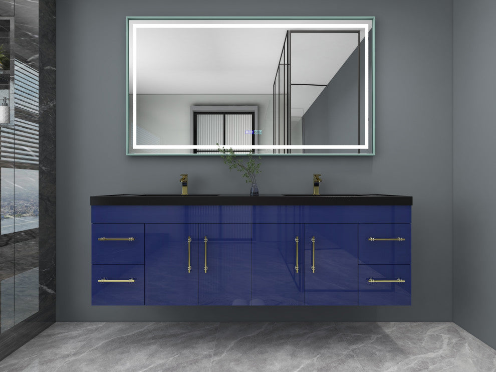 Rosa 72" Wall Mounted Modern Vanity, High Gloss Night Blue, Matt Black Top