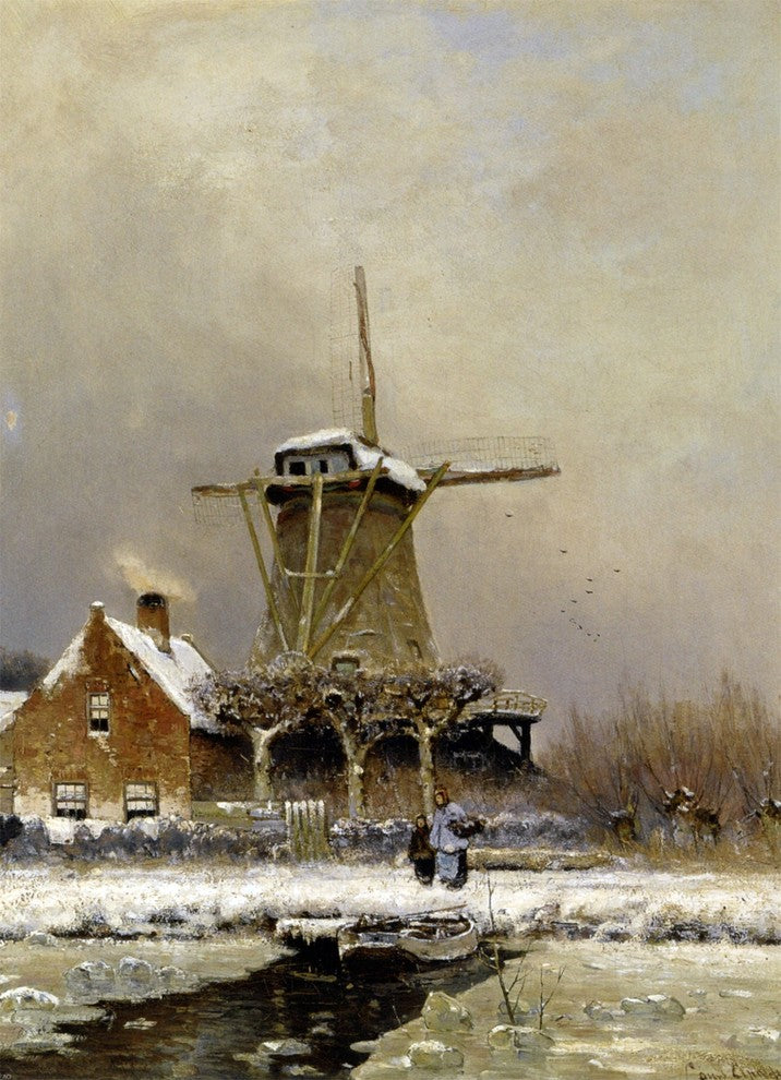 Louis Apol Figures by a Windmill in a Snow Covered Landscape Wall Decal