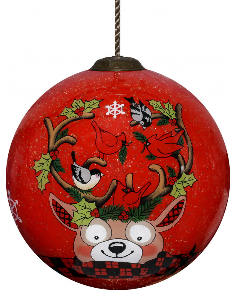 Reindeer with Plaids and Cardinals Hand Painted Mouth Blown Glass Ornament