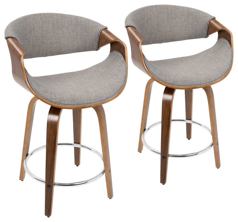 Curvini 24'' Counter Stool, Set of 2, Walnut Wood/Light Gray Fabric/Chrome