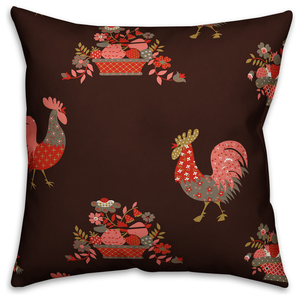 Roostern Pattern, Brown Throw Pillow, 20"x20"