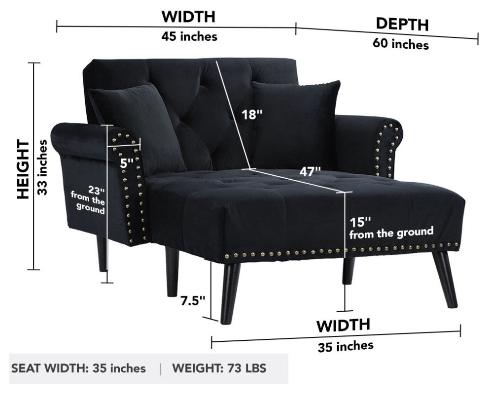 Modern Velvet Fabric Recliner Sleeper Chaise Lounge - Futon Sleeper Chair, Black