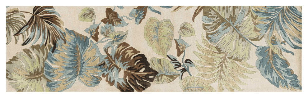 8' Ivory Blue Hand Tufted Tropical Leaves Indoor Runner Rug