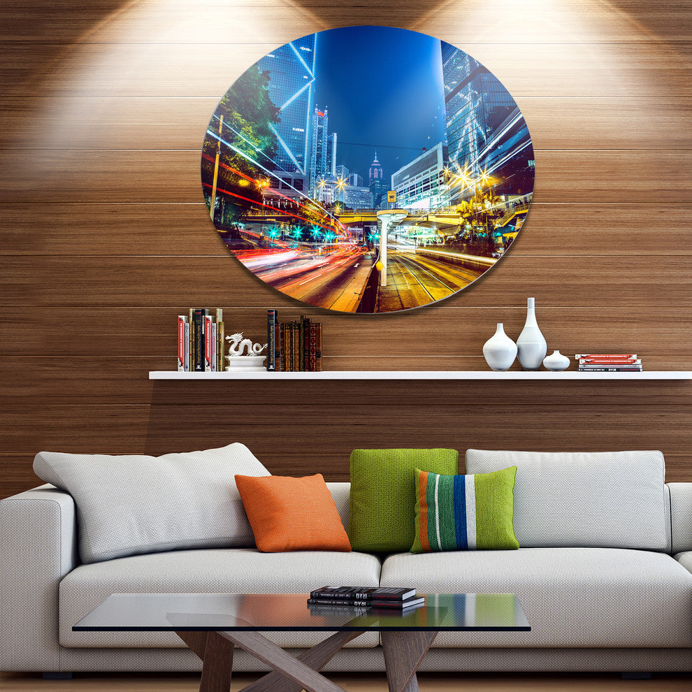 Hong Kong City Night Scene, Cityscape Art Disc Metal Wall Art, 38"
