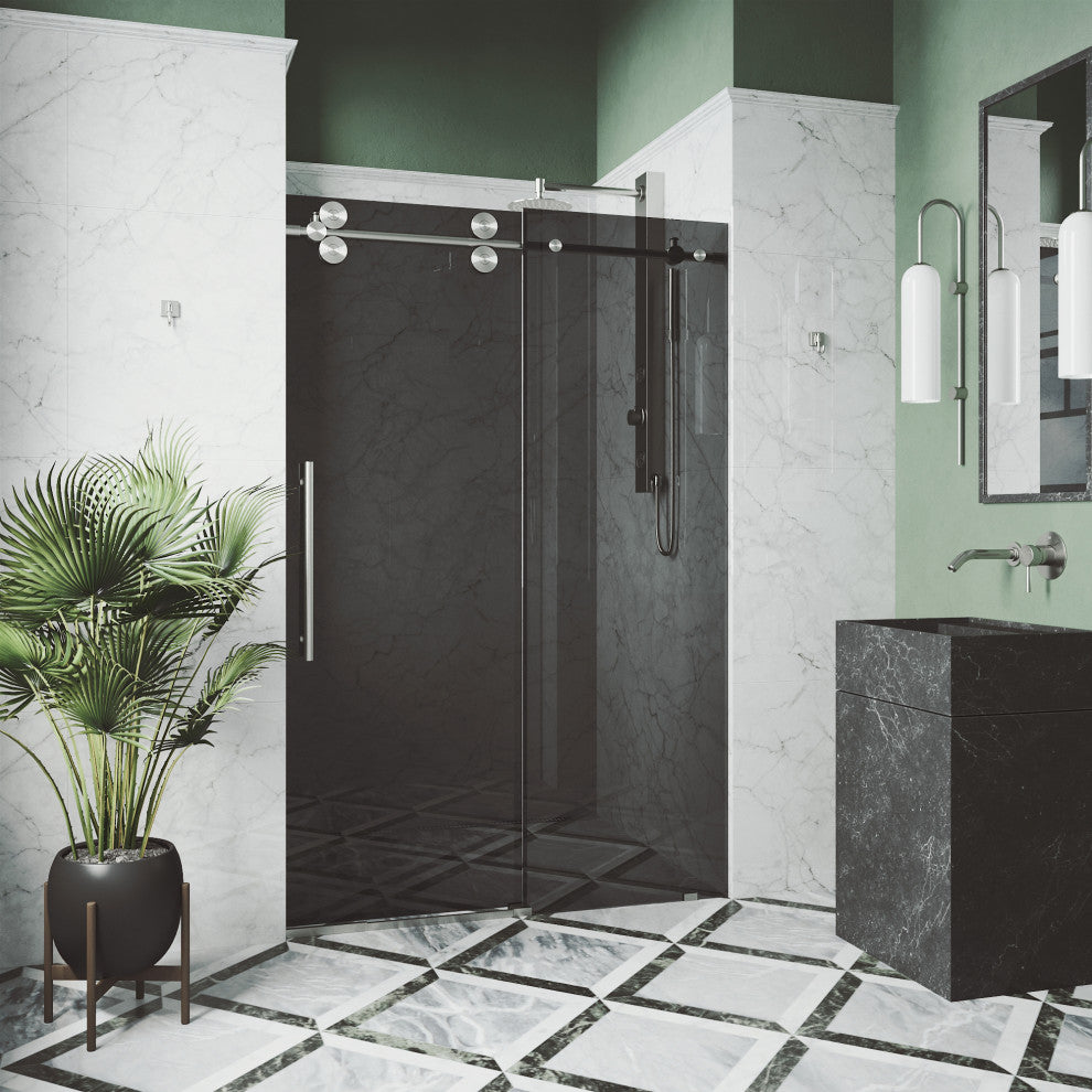 VIGO Elan 68" to 72" W x 74" H Frameless Sliding Shower Door, Stainless Steel, Black Tint Glass
