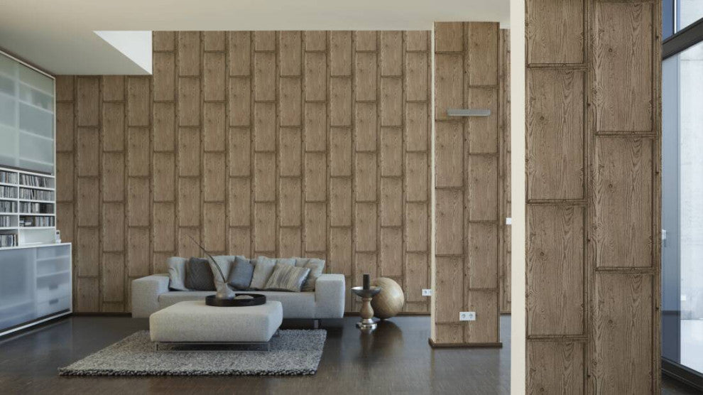 Loft Textured Wallpaper Featuring Rustic Wood, Gray Brown Beige, One Roll