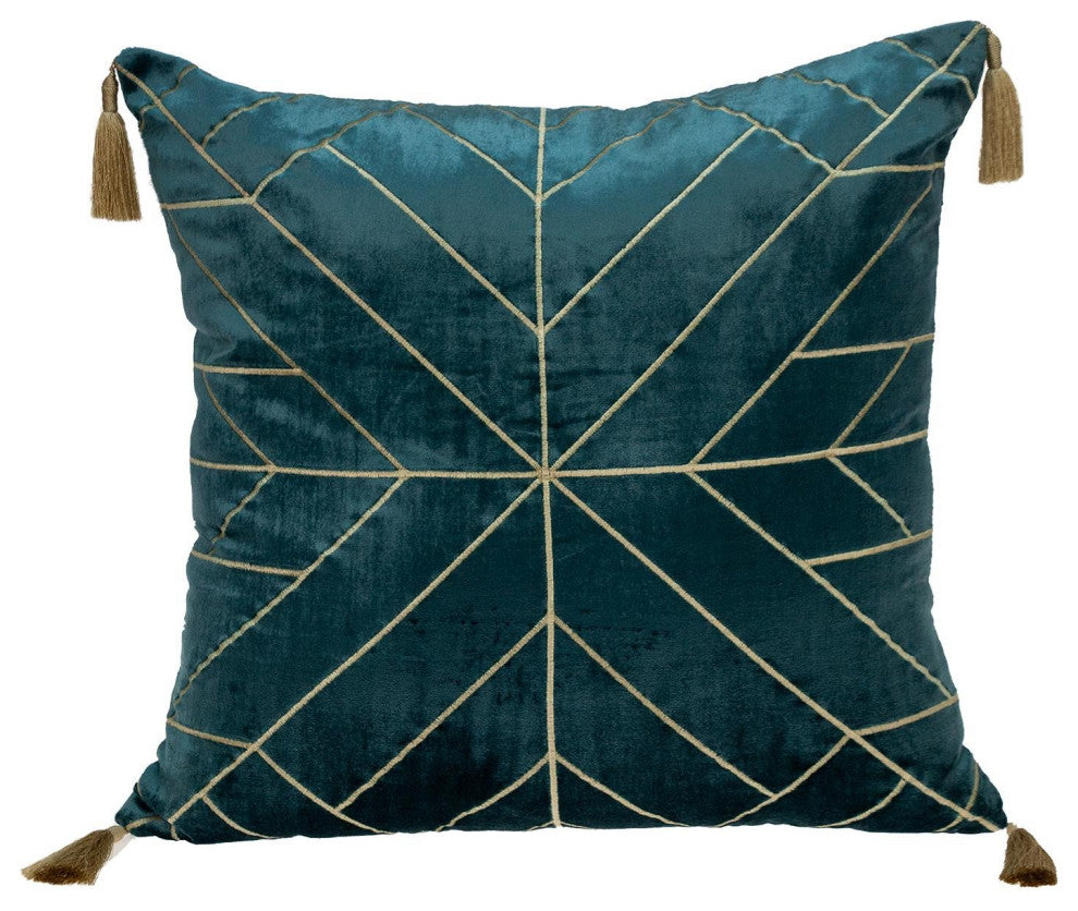 Teal and Gold Geo Velvet Throw Pillow With Gold Tassels