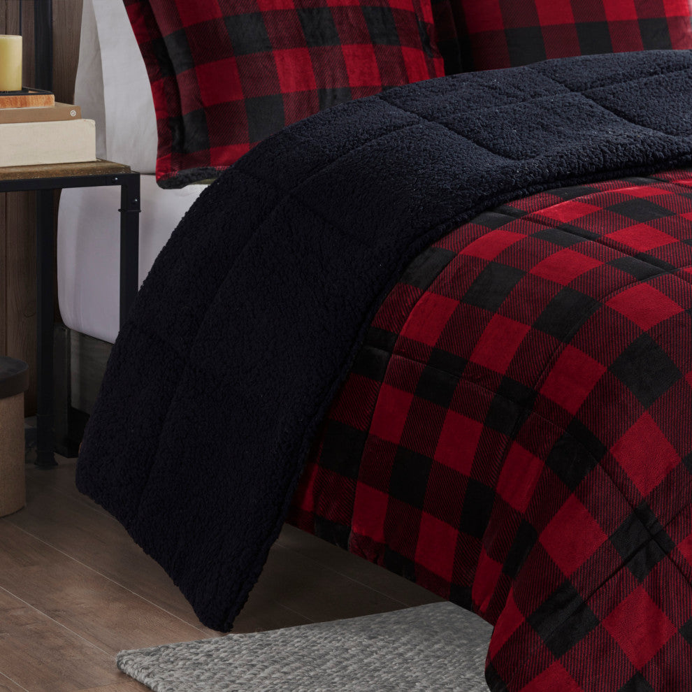 Woolrich Alton Plush to Sherpa Winter Comforter Set, Red Buffalo Check, King