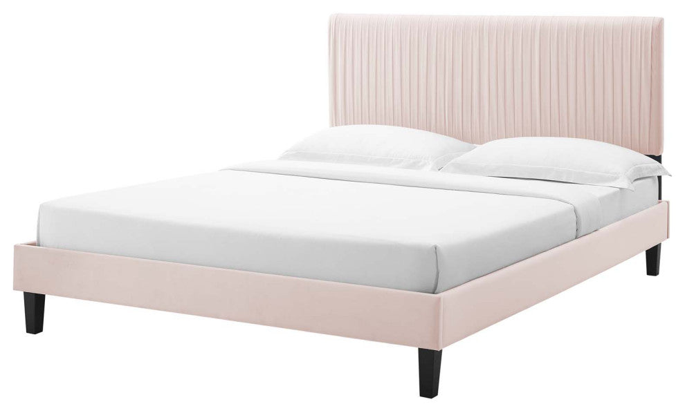 Platform Bed Frame, King Size, Velvet, Pink, Modern Contemporary, Bedroom Master