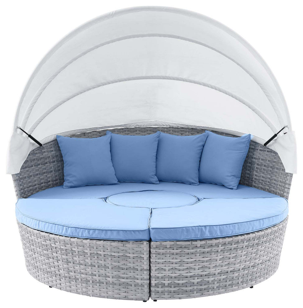 Lounge Daybed Sofa Bed, Gray Blue, Rattan, Wicker, Modern, Outdoor Patio