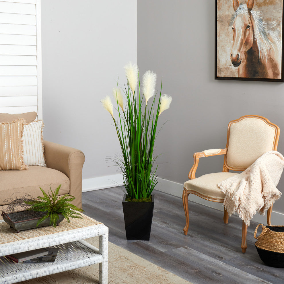 4.5' Wheat Plume Grass Artificial Plant, Black Metal Planter