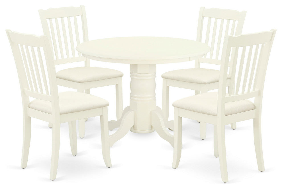 5Pc Dining Set, Round Table, Four Vertical Slatted Linen Seat Chairs, White