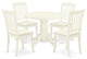 5Pc Dining Set, Round Table, Four Vertical Slatted Linen Seat Chairs, White
