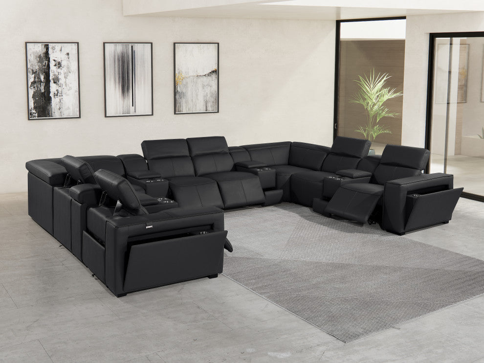 Niccolo Italian Leather 12-Piece U-Shaped 4 Power Reclining Sectional, Black