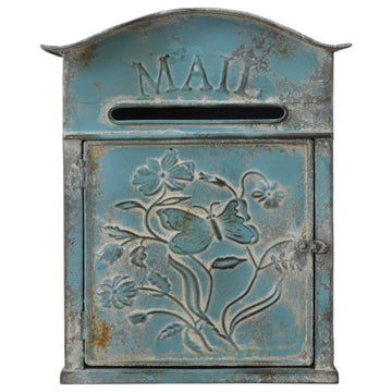 Embossed Tin Post Box, Distressed Finish, Blue