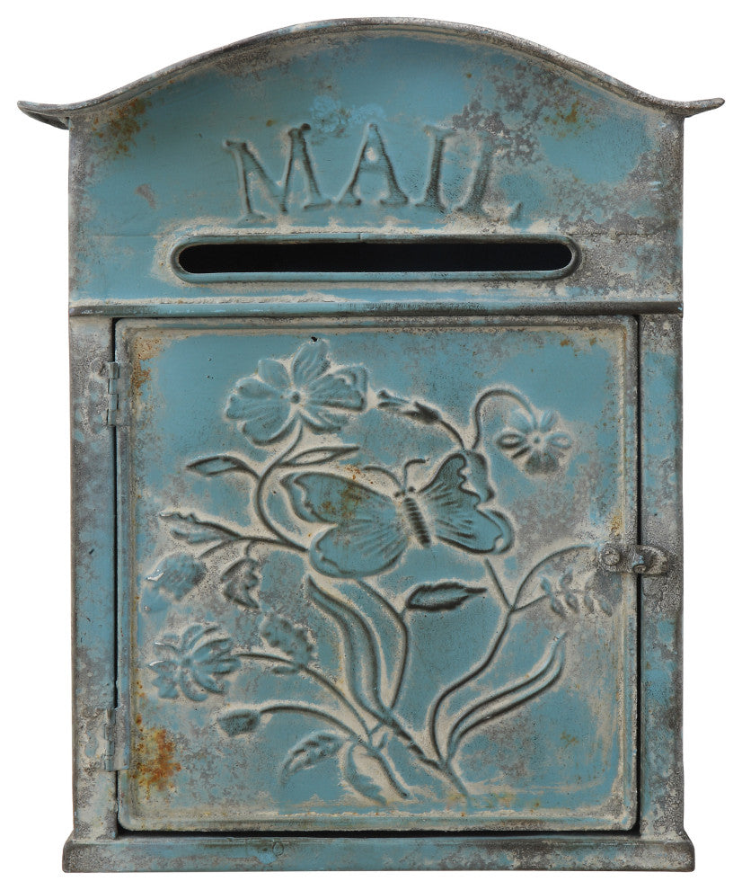 Embossed Tin Post Box, Distressed Finish, Blue