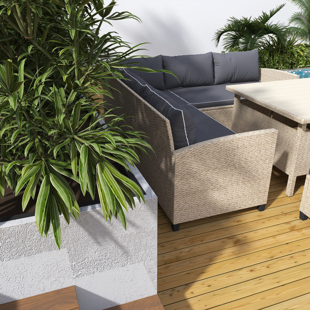 6 Pieces Outdoor Rattan Patio Sectional Sofa With Table and Benches
