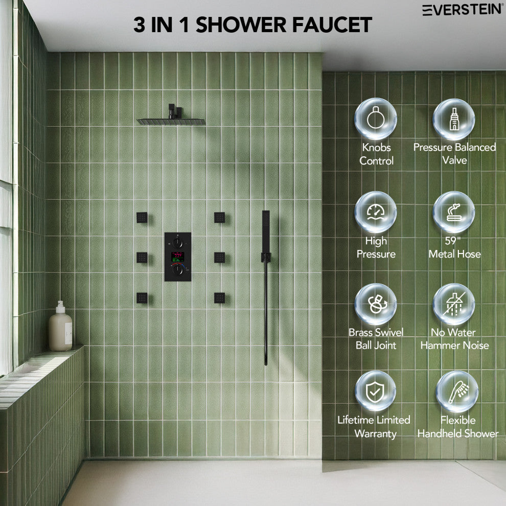 LED Temperature Digital Display Shower System With Body Jets, Matte Black, 12 Inches