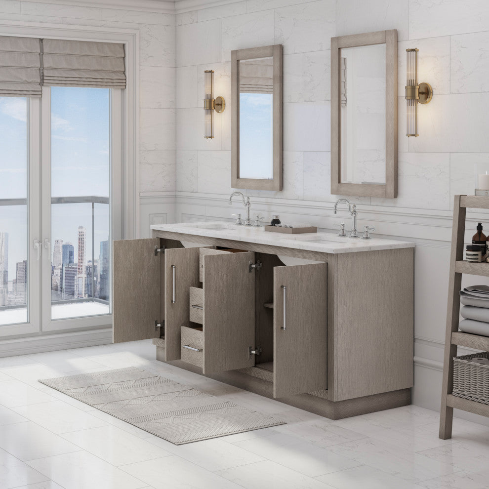 Hugo 72 Double Sink White Marble Countertop Vanity, Gray Oak With Hook Faucets