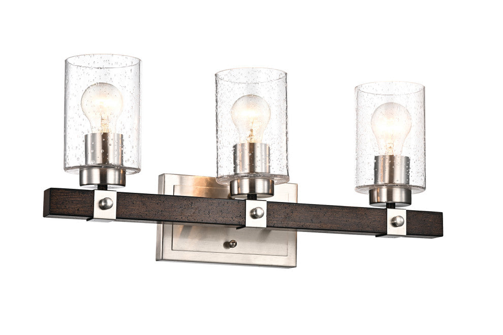 3-Light Brushed Nickel and Wood Vanity With Seedy Glass Sconces Farmhouse